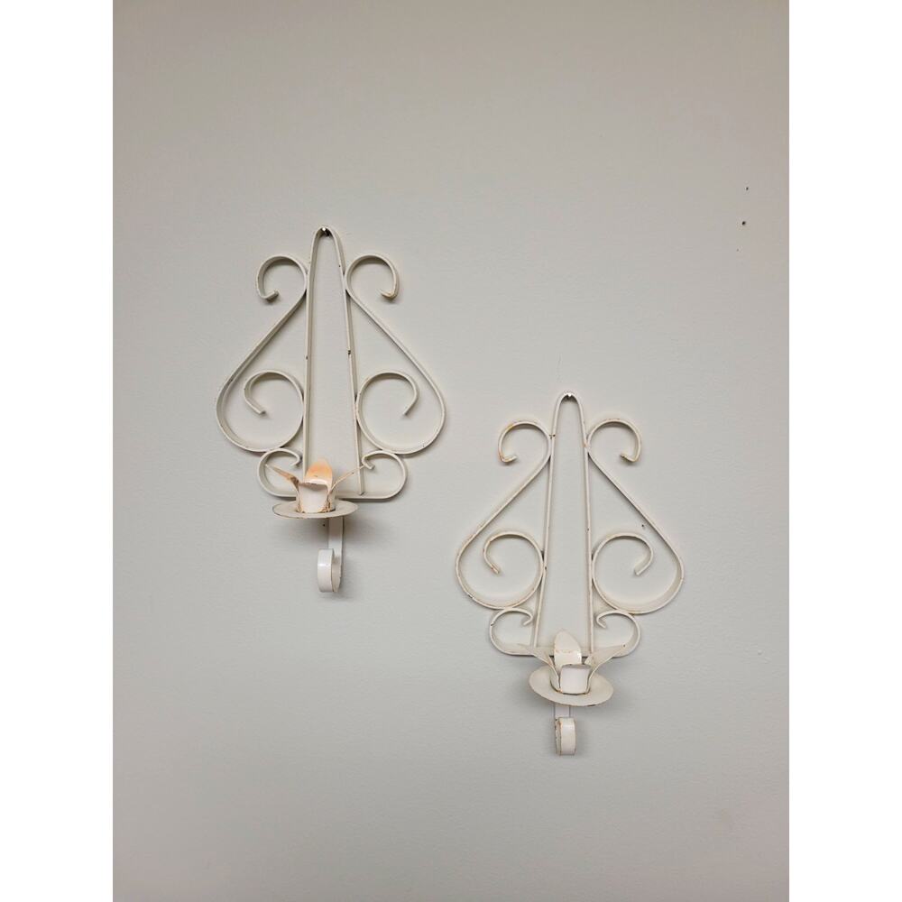 Vintage White Metal Scroll Wall Sconces Pair Mid Century Candle Holder Set